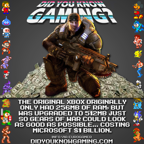 Did you know the Xbox had to be upgraded from 256mb of RAM to 512mb JUST for Gears of War? A Microsoft rep told Epic: “You cost me a billion dollars.” Epic replied: “We did a favor for a billion gamers.”
Source: tinyurl.com/yb9a8fud
More Gears Facts:...
