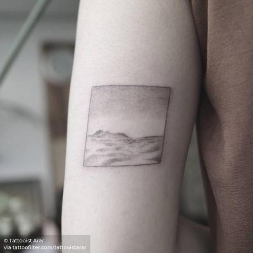 By Tattooist Arar, done in Seoul. http://ttoo.co/p/29156 tattooistarar;geometric shape;small;square;tricep;landscape;facebook;nature;twitter;desert;illustrative