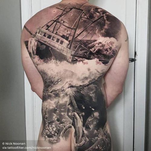 By Nick Noonan, done at Left Hand Path Tattoos, Christchurch.... healed;black and grey;nicknoonan;backpiece;huge;facebook;nature;twitter;ocean;other