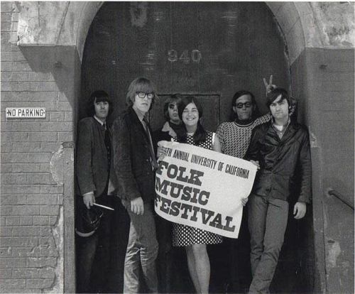 Jefferson Airplane promoting the 1966 Berkeley Folk Festival. Spencer Dryden, Paul Kantner, Jack Casady, Signe Toly Anderson, Jorma Kaukonen, Marty Balin.