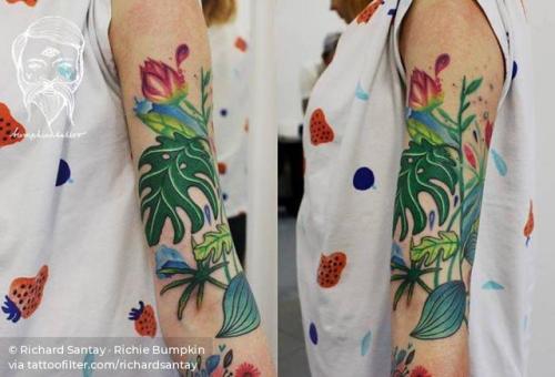 By Richard Santay · Richie Bumpkin, done at Bumpkin Tattoo,... bicep;richardsantay;big;leaf;facebook;nature;twitter;illustrative;upper arm