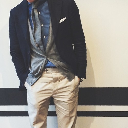 Navy, grey and beige
