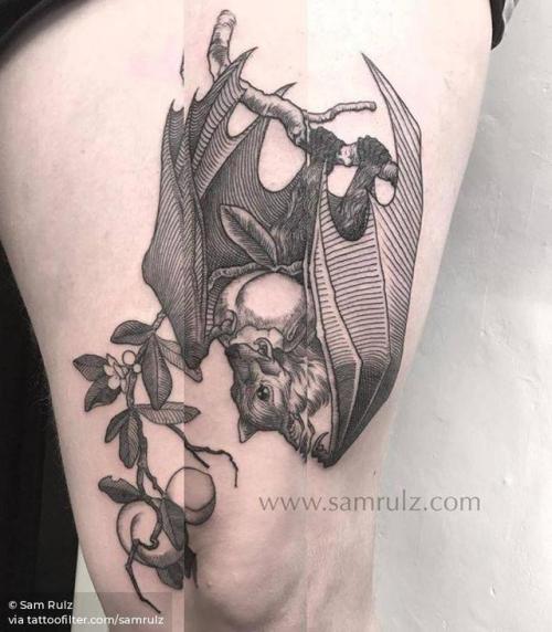 By Sam Rulz, done at Vienna Electric Tattoo, Vienna.... big;animal;bat;samrulz;thigh;facebook;twitter;engraving;illustrative