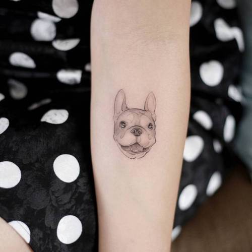 By Doy, done at Inkedwall, Seoul. http://ttoo.co/p/36452 small;pet;dog;patriotic;animal;france;tiny;french bulldog;ifttt;little;doy;inner forearm;sketch work