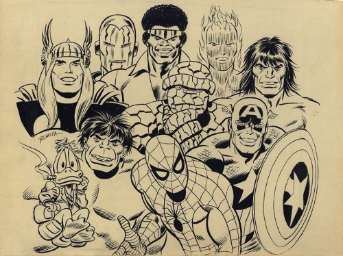 Marvel Heroes 1975 pin-up by John Romita Sr