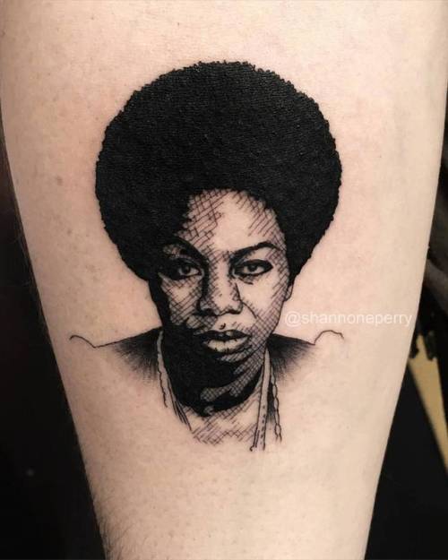By Shannon Perry, done at Valentine’s Tattoo Co., Seattle.... patriotic;nina simone;women;united states of america;character;thigh;facebook;blackwork;twitter;portrait;shannonperry;medium size;other;music;sketch work