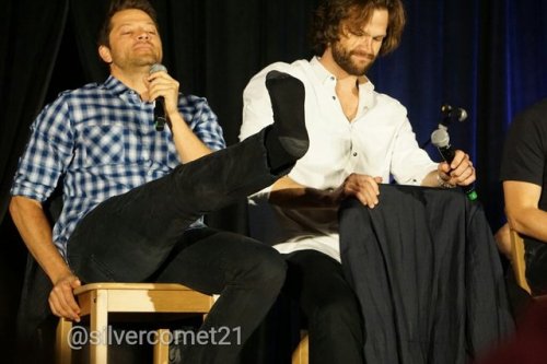 fandomismyspiritanimal:Jared taking off Misha’s shoeSPN UK CON...