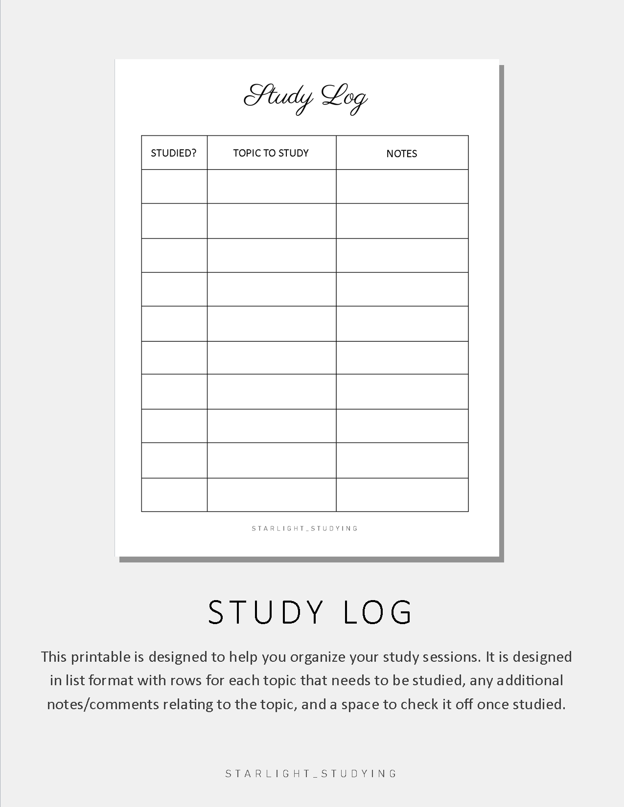 Study in the Starlight — Hi everyone!! This printable is a study log and...