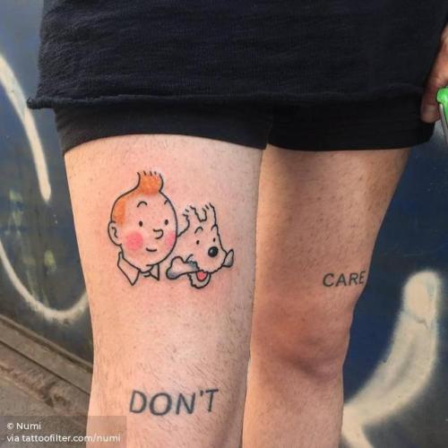 By Numi, done at LTW Tattoo Studio, Barcelona.... film and book;numi;cartoon character;the adventures of tintin;tintin;snowy;fictional character;cartoon;thigh;facebook;twitter;medium size