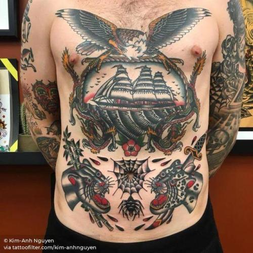 By Kim-Anh Nguyen, done at Seven Seas Tattoos, Eindhoven.... kim anhnguyen;nautical;traditional;torso;watercraft;animal;huge;eagle;bird;travel;facebook;twitter;warship