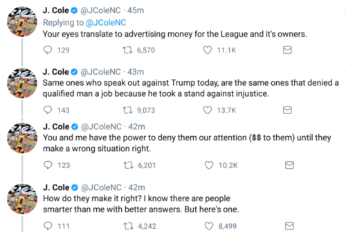 teamcole:J. Cole tweets his support for NFL players kneeling...