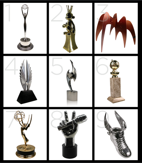 9 famous trophies designed by Society Awards: Clio, VGA, Ellie, GLAAD Media, Society Star, Golden Globe, Emmy, The Voice, Do Something!