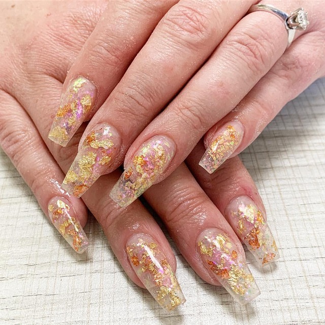 GALAXY NAILS - Clear set with gold and Adriana iridescent flakes...