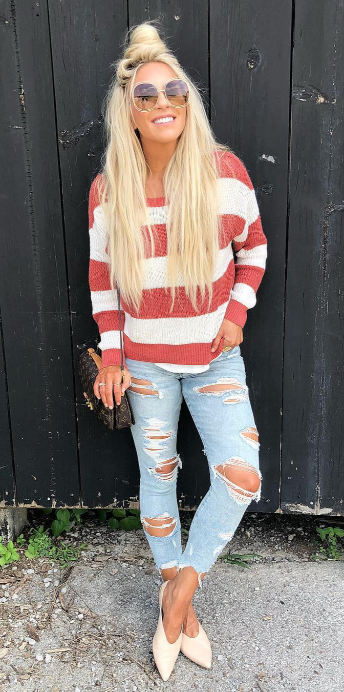 50+ Cozy Outfit Ideas You Need - #Cute, #Dress, #Outfitideas, #Best, #Streetwear Chillin... Southern style I LOVE the south you guys... everyone here is soooo sweet on another note... my stripe sweater is less than $40.00, comes in 3 other amazing color options, and it the perfect light weight knit for this transitional time of year!!! (Wearing a size medium for reference) I also linked my exact denim, less than $50.00, and these nude flats that you need in your closet like... yesterday Shop it all by following me on the  App Or use the link in my bio:  