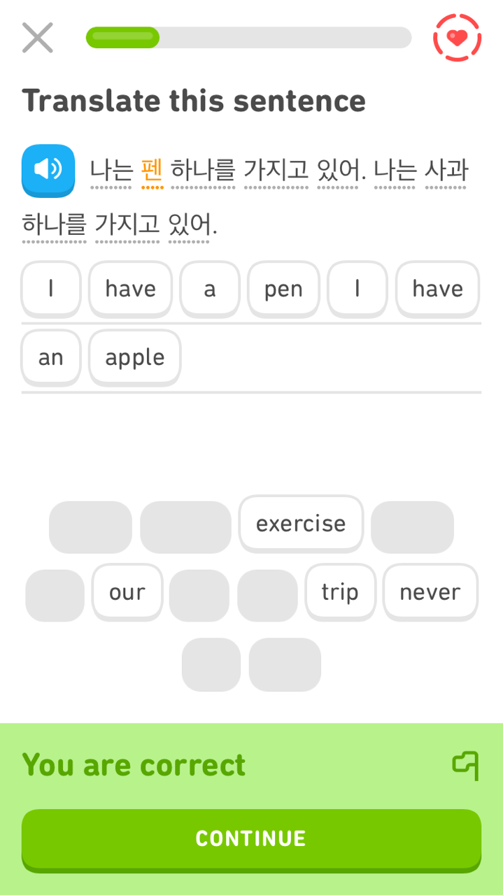 Weird Duolingo Phrases — [Image transcription: A Korean phrase says “I