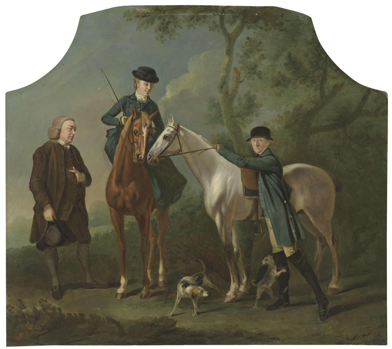 English School (formerly attributed to â€˜Benjamin Wilsonâ€™), 'A Lady and a Gentleman preparing for the huntâ€™, c.1780, oil on canvas, English, for sale est. 7,000-10,000 GBP in Christieâ€™s Old Masters Day sale, July 2019