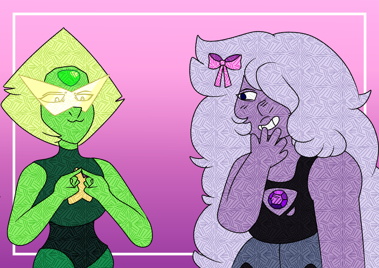 Amedot week
Valentines - day 1
So i had a weird dream before drawing this - Peridot takes the ribbon from the heart shaped chocolate box and puts it on amethyst out of nowhere.
Yes it's random i know...