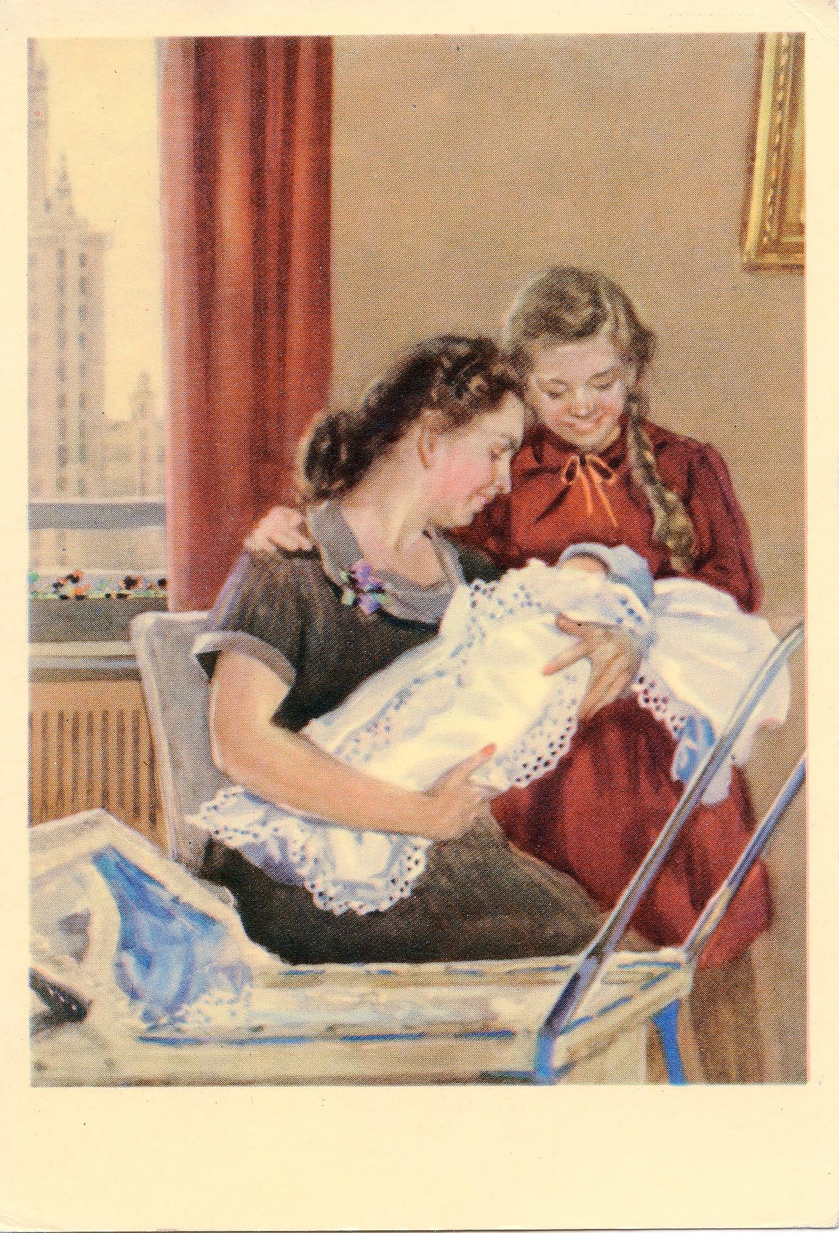 “Getting bigger and better”, postcard by N. Zhukov (1954)