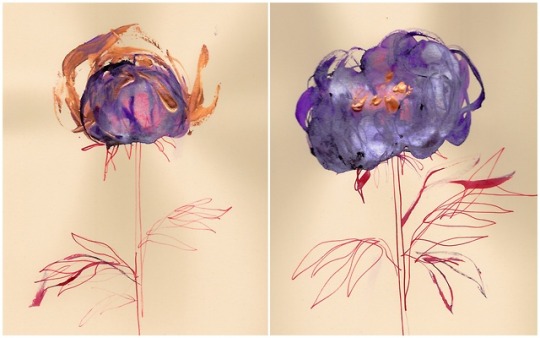 Peonies Blooming -Vintage Pink 2018 process made in inks , pearl watercolors and vinly gold colors on vivaldi paper size A3 each