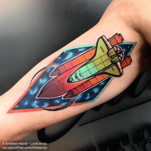 By Andrew Marsh · Little Andy, done at The Church Tattoo,... spacecraft;psychedelic;inner arm;big;contemporary;space shuttle;travel;facebook;twitter;pop art;experimental;littleandy;other