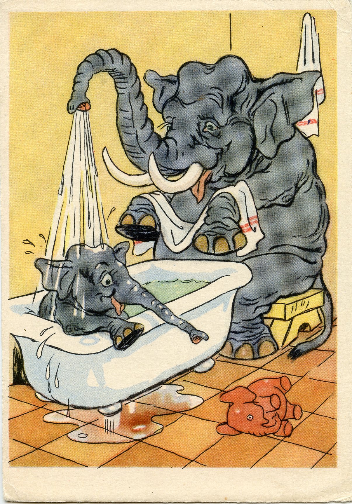 Taking a shower. Postcard by A. Bazhenov (1956)