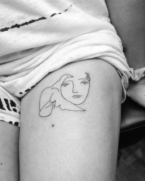 By Wicky Nicky, done at Moon Sheen Tattoo, Manhattan.... spain;art;small;line art;wickynicky;tiny;thigh;ifttt;little;location;picasso;medium size;europe;le visage de la paix;fine line;patriotic