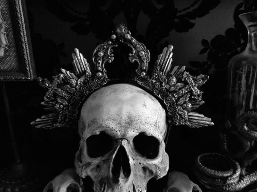 skull crown bones skeleton dark goth gothic macabre luxury black and white b&w bnw hysteria machine decoration home 2018 october 20th follow like reblog aesthetic