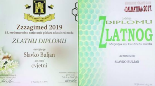 JOŠ JEDNA ZLATNA DIPLOMA ZA GLAMOČKI MED: Zlatna diploma  je četvrto priznanje za kvalitetu meda pčelaru Slavku Buljan