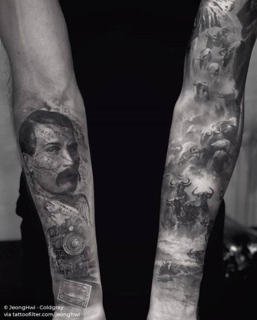 By JeongHwi · Coldgray, done at Cold Gray Tattoo, Seoul.... black and grey;patriotic;huge;united kingdom;jeonghwi;character;facebook;twitter;richard francis burton;inner forearm;sleeve;england