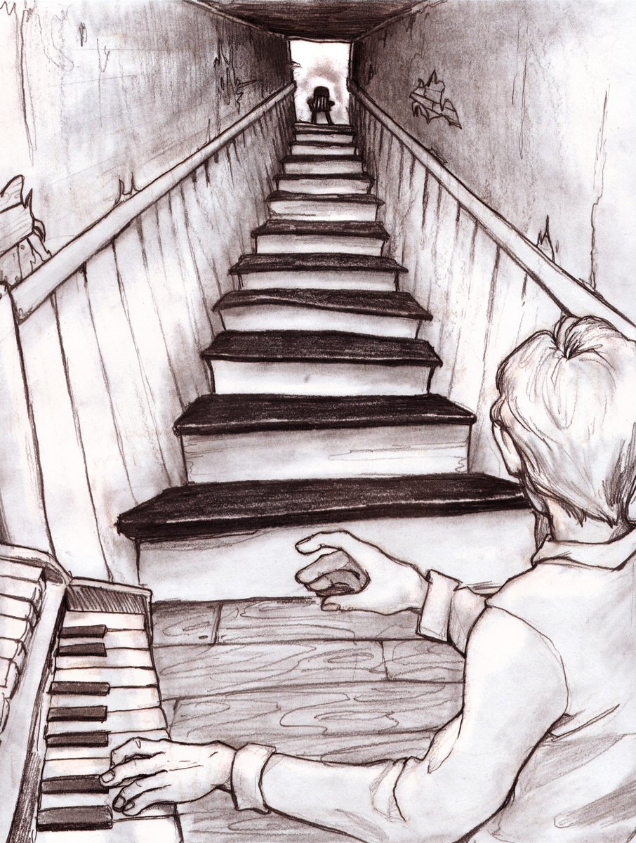 John Linnell looks up from a keyboard. At the top of the stairs is a wooden chair. The drawing is sepia tones.