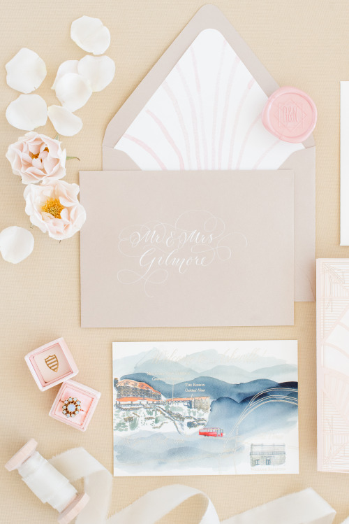 Reynolds and Nicole’s blush and blue Deco inspired laser cut invitation suite | One and Only Paper Custom Wedding Invitations