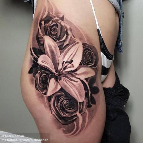 By Nick Noonan, done at Left Hand Path Tattoos, Christchurch.... flower;black and grey;nicknoonan;hibiscus;hip;big;facebook;nature;twitter