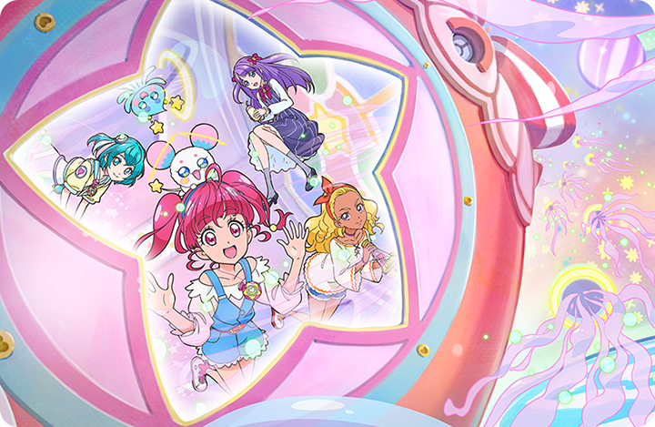 Official art of the Star Twinkle girls & fairies flying through space in their rocket.