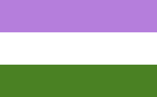 A lavendar, white, and dark green three bar flag. The Genderqueer Pride flag.