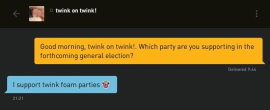 Me: Good morning, twink on twink!. Which party are you supporting in the forthcoming general election?
twink on twink!: I support twink foam parties ?