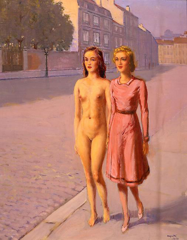 justineportraits:
â€œRenÃ© Magritte Fillette et Fillette nue se promenant dans la rue 1954
â€