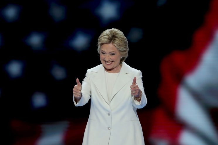 Hillary Clinton gives two thumbs up at the Democratic National Convention in Philadelphia, July 28, 2016. (Photo: Alex Wong/Getty Images)