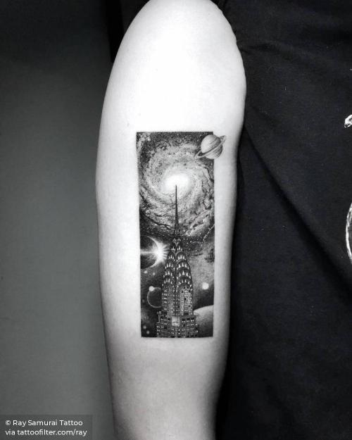 By Ray Samurai Tattoo, done in Shanghai. http://ttoo.co/p/34773 architecture;astronomy;chrysler building;facebook;galaxy;location;medium size;new york;ray;single needle;twitter;upper arm