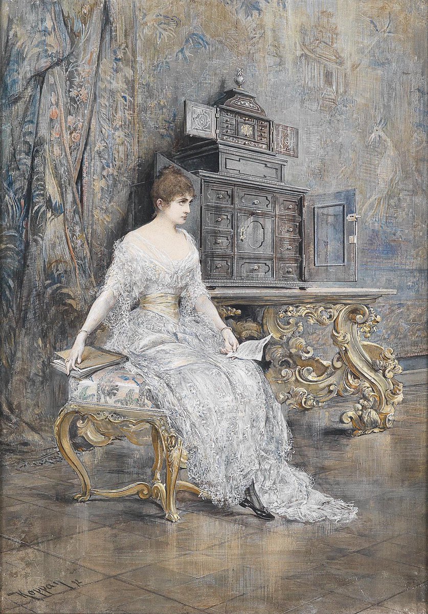 Portrait of a young woman with sheet music in silvery interior (1892).
Art by Jószef Arpád Koppay (1857-1927)