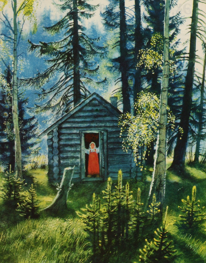 Illustration for Russian folk tale Masha and the Bear. Artist Nikolai Ustinov (who I admire), 1976