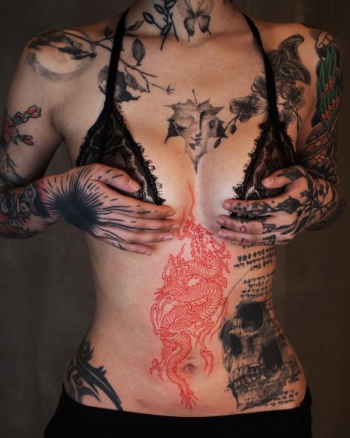 Traditional Japanese Dragon With Flowers Tattoo On Stomach