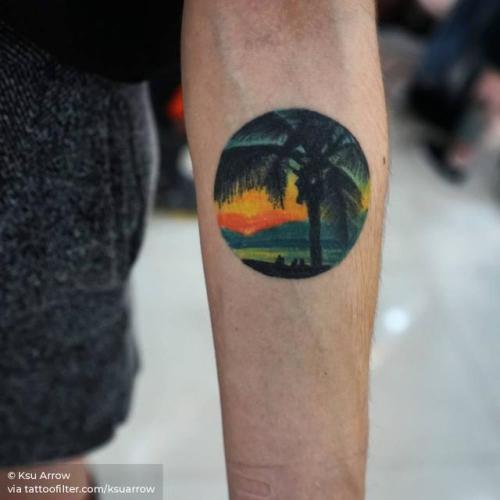 By Ksu Arrow, done in Moscow. http://ttoo.co/p/34134 beach;circle;contemporary;facebook;four season;geometric shape;healed;illustrative;inner forearm;ksuarrow;landscape;nature;other;palm tree;small;summer;tree;tropical;twitter