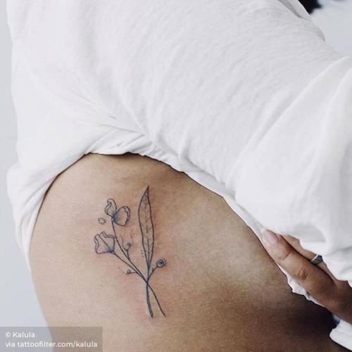By Kalula, done in Melbourne. http://ttoo.co/p/175623 flower;small;kalula;rib;tiny;sweet pea;hand poked;ifttt;little;nature;eucalyptus;medium size;side