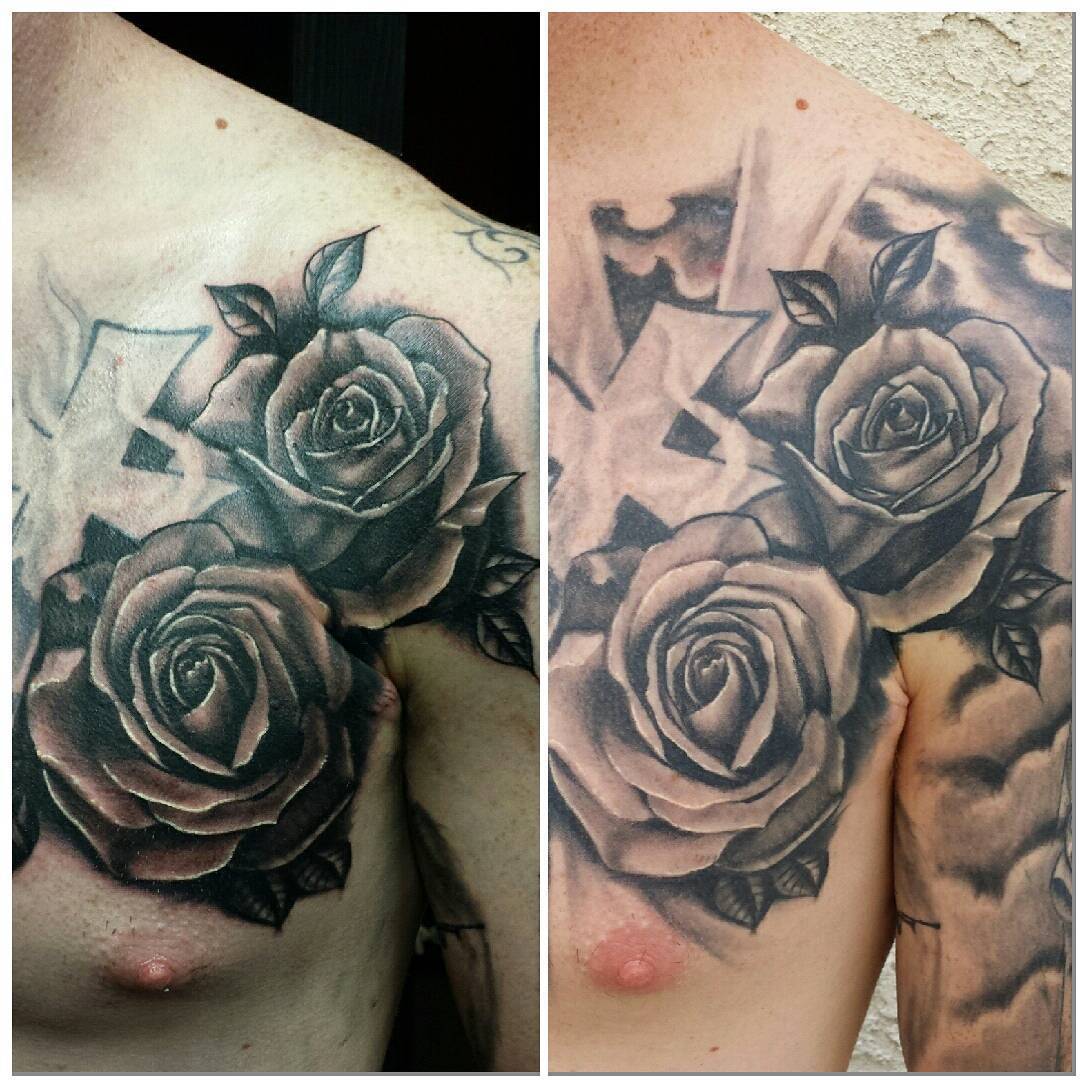 Tattooer. — Fresh vs healed pic of some roses a few weeks ago....