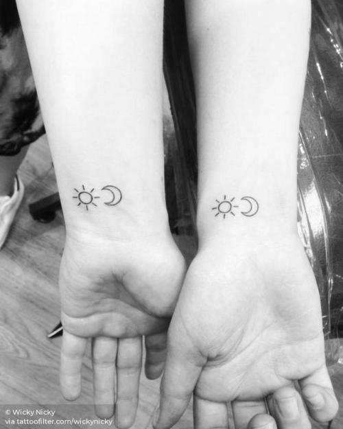 By Wicky Nicky, done at West 4 Tattoo, Manhattan.... small;astronomy;micro;line art;wickynicky;tiny;ifttt;little;wrist;crescent moon;minimalist;moon;sun and moon;sun;fine line