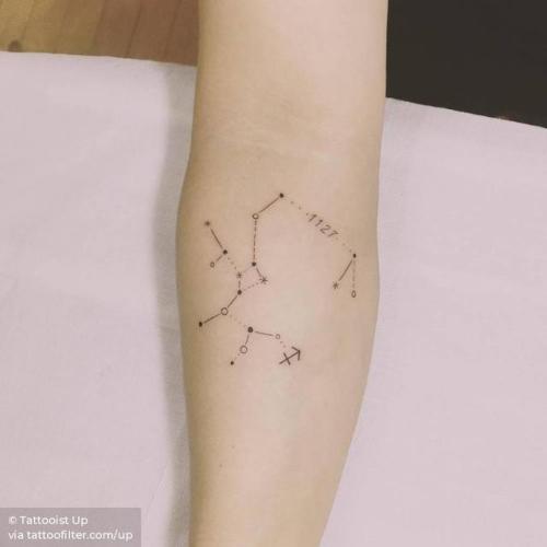 By Tattooist Up, done in Seoul. http://ttoo.co/p/32277 astronomy;up;constellation;facebook;twitter;minimalist;sagittarius constellation;inner forearm;medium size