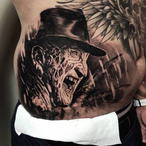 By Nick Noonan, done at Left Hand Path Tattoos, Christchurch.... film and book;black and grey;nicknoonan;a nightmare on elm street;fictional character;big;waist;facebook;twitter;freddy krueger