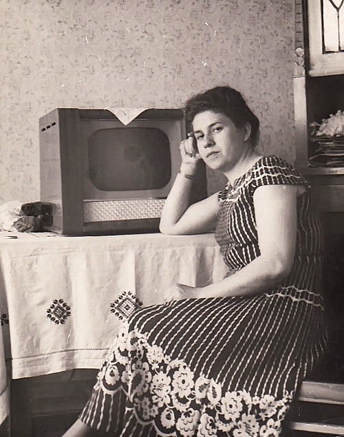 Woman with ‘Record’, a Soviet black and white TV set (1950s)