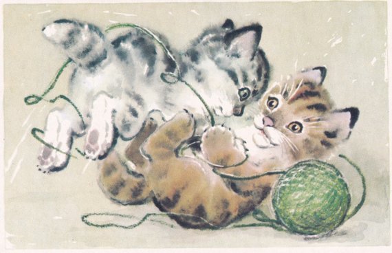 Kittens playing with a ball of thread, postcard by L. Gamburger (1970)