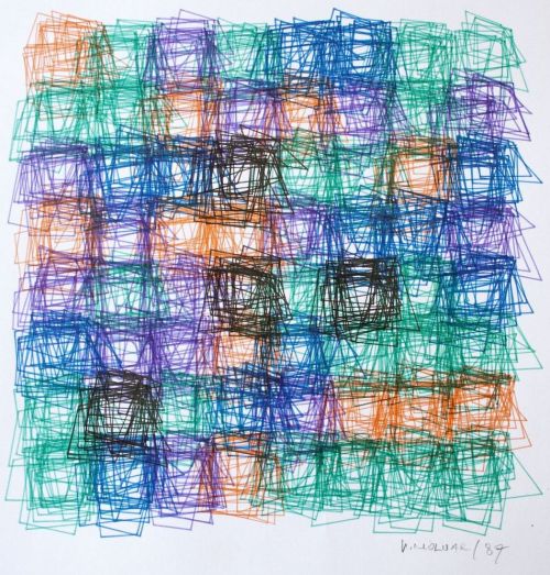 Vera Molnar, Structure de Quadrilatéres (Square Structures), 1987, colored ball point pen on paper. Courtesy of Senior & Shopmaker Gallery, New York.